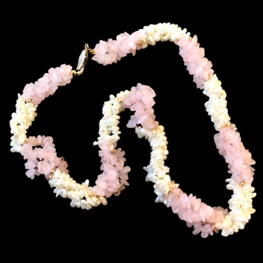 Vintage Necklace Freshwater Pearl + Rose Quartz Triple Multi-Strand Twis… - Picture 15 of 15